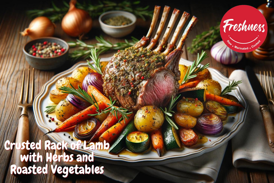 Crusted Rack of Lamb with Herbs and Roasted Vegetables